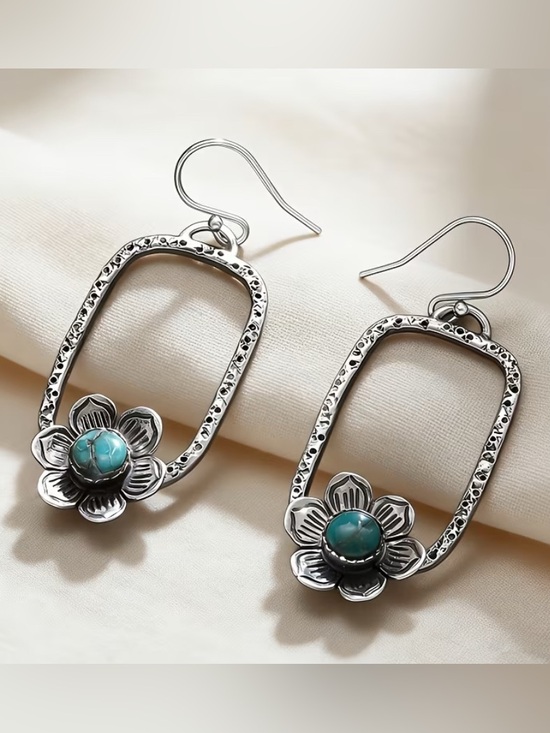None Jewelry - WESTERN Silvertone Floral Drop Earrings with Faux Turquoise Center